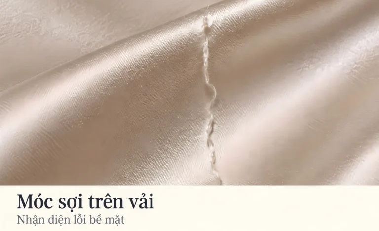 Cận cảnh sợi bị kéo ra khỏi bề mặt vải màu be.